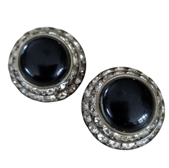 Vintage 1950s Mid Century Round Black Acrylic Bead Rhinestone Clip On Earrings - Picture 8 of 12